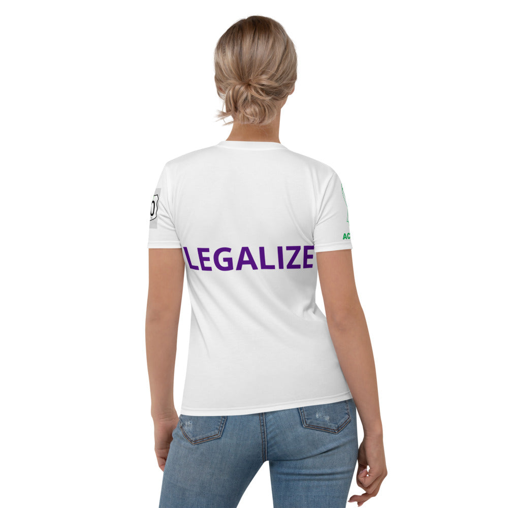 Activist420 Line - (OPEN YOUR EYES LEGALIZE) Women's T-Shirt (Dark Purple Writing)