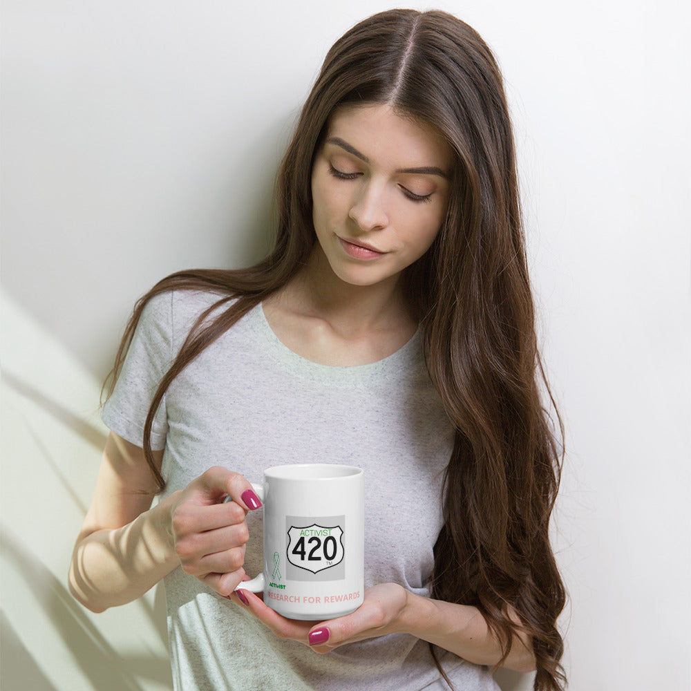 Activist420 Line - THE CANCER COLLECTION - (ACTIVIST CANCER LOGO w/ACTIVIST420 LOGO) White Glossy Mug